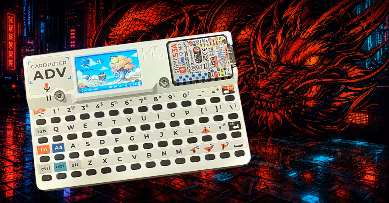 Author's M5Stack Cardputer ADV running a custom operating system against a cyberpunk dragon backdrop, illustrating modern pocket computing and programming.