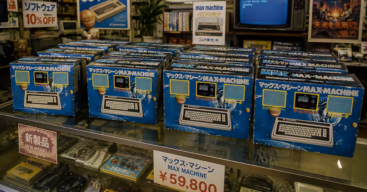 A Japanese computer shop in 1982 displaying a dozen Commodore MAX Machine retail boxes on a glass counter, with software, magazines and computer hardware visible throughout the store.