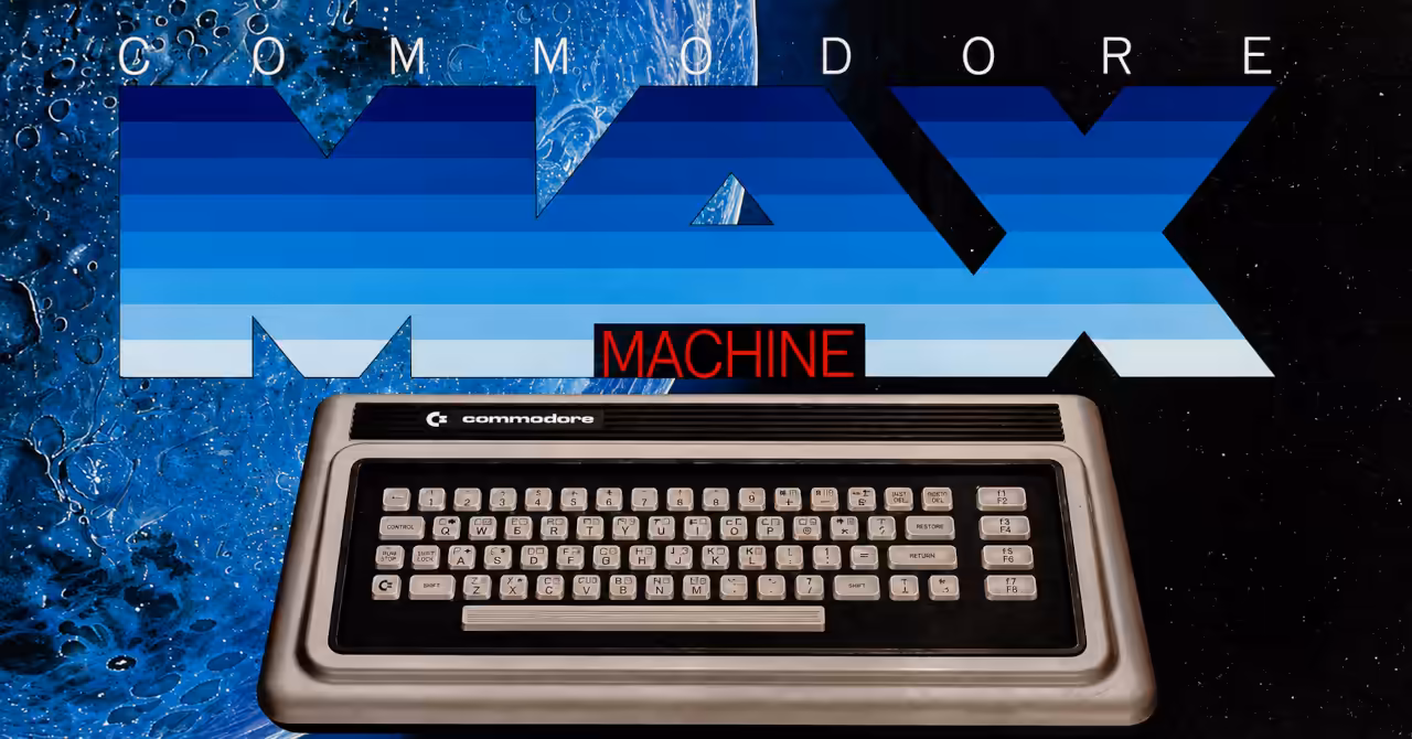 Promotional artwork for the Commodore MAX Machine featuring the bold blue MAX logo, a space-themed background and an illustration of the computer.