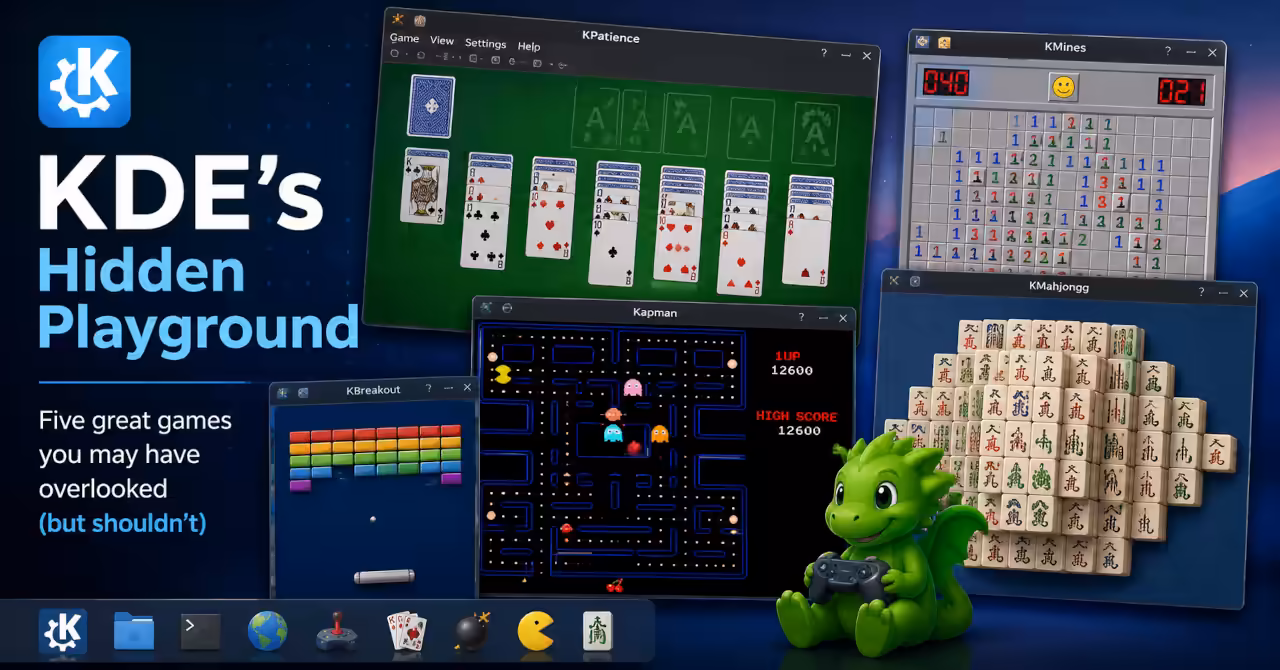 KDE Games magazine article hero banner showing various screenshots of games