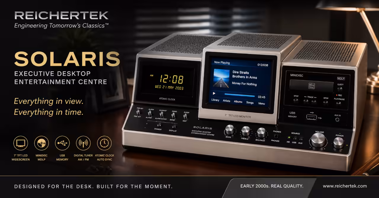 Concept advertisement for the fictional ReicherTek Solaris executive desktop hi-fi, featuring LCD display, MiniDisc, USB audio and atomic clock in an early-2000s design.