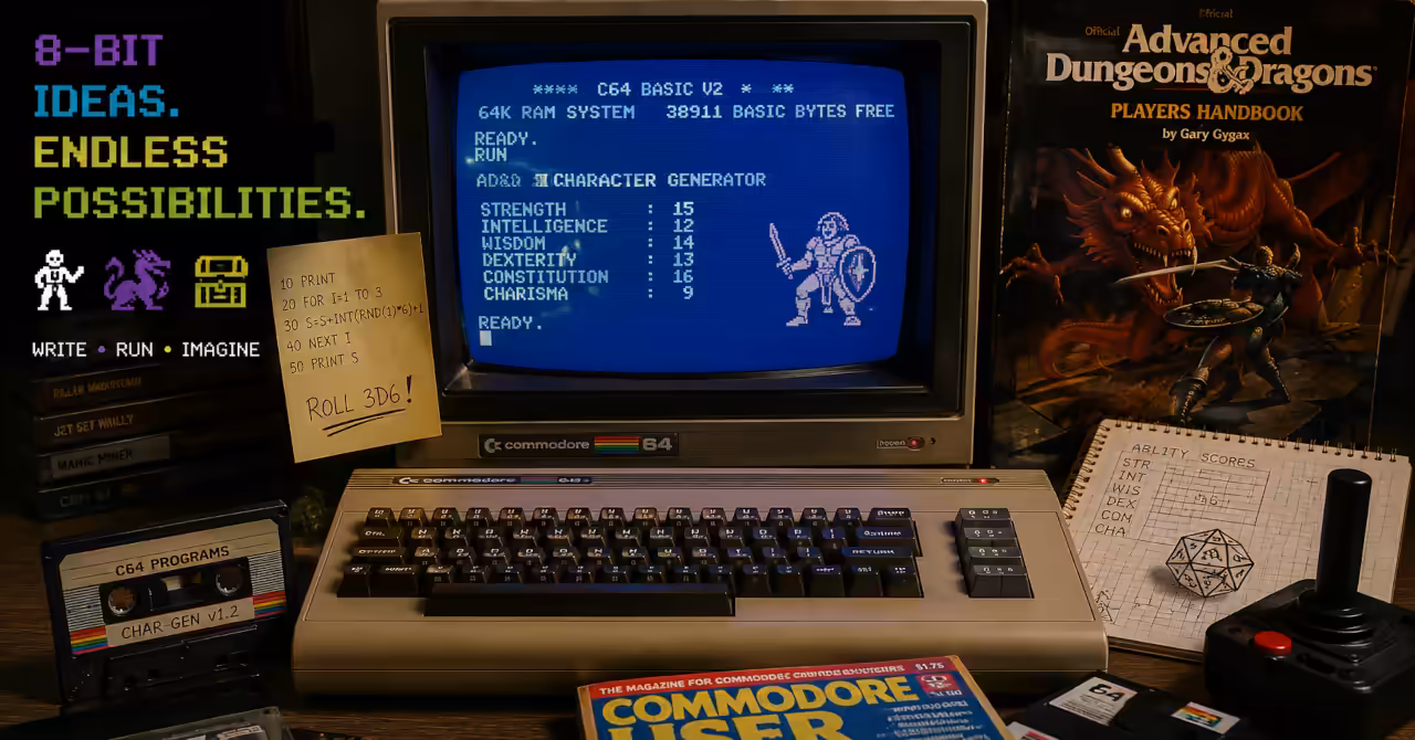 Commodore 64 beside a CRT displaying an AD&D character generator in BASIC, surrounded by dice, notes, cassette software and 1980s computing gear.