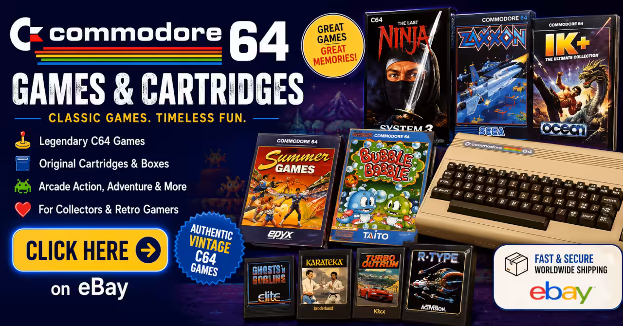 Colour banner showing Commodore 64 games for sale