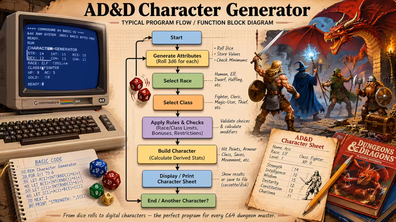 Commodore 64 basic code block flow chart and fantasy characters in a game