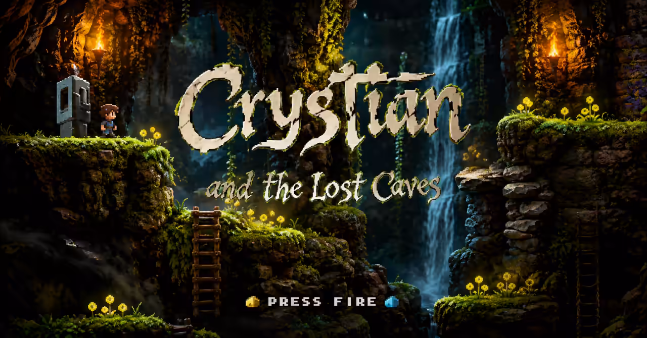 Crystian and the Lost Caves title screen showing a lush pixel-art cave with vines, ladders, platforms and the game's hand-drawn logo.