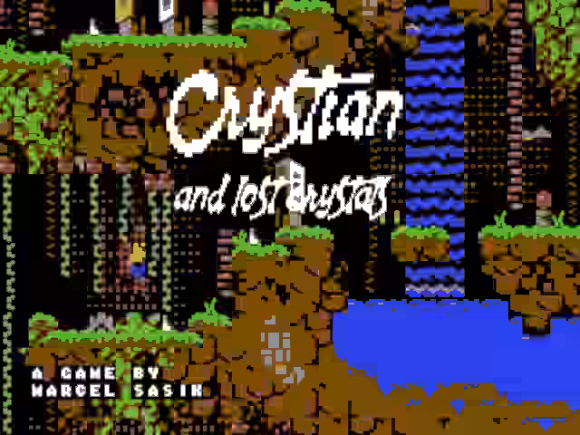 Crystian and the Lost Caves title screen showing a lush pixel-art cave with vines, ladders, platforms and the game's hand-drawn logo.