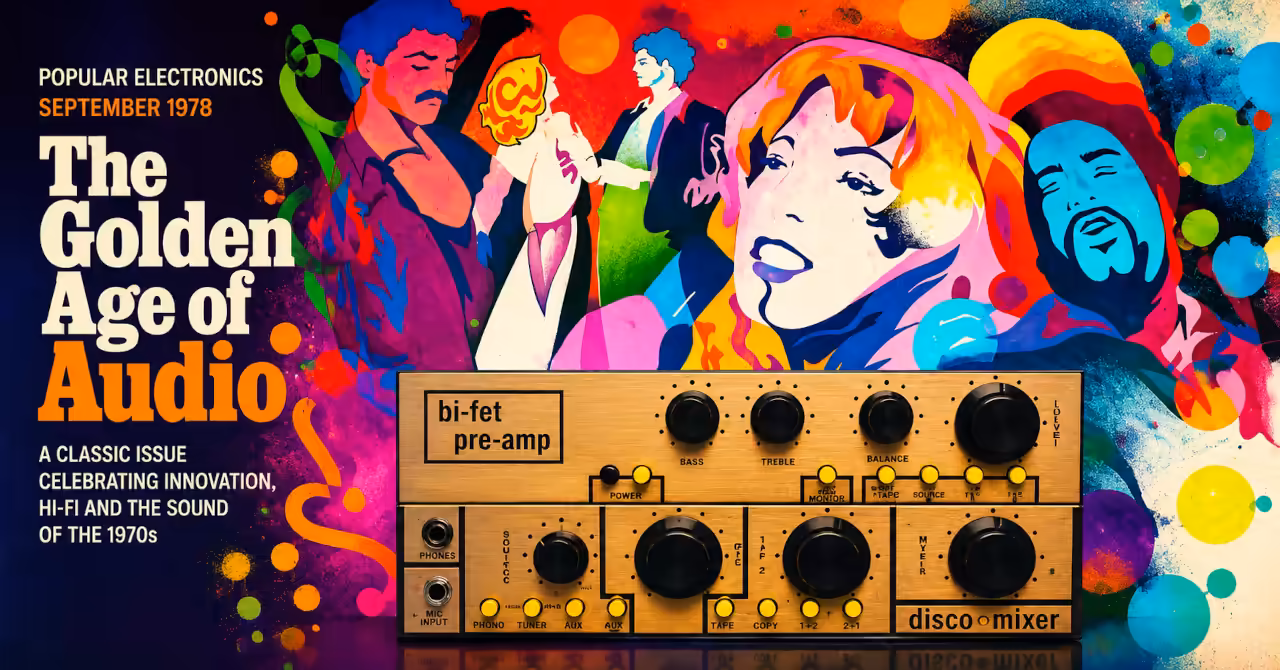 Psychedelic 1970s artwork featuring a vintage bi-FET pre-amplifier and disco mixer celebrating the golden age of audio in Popular Electronics, September 1978.