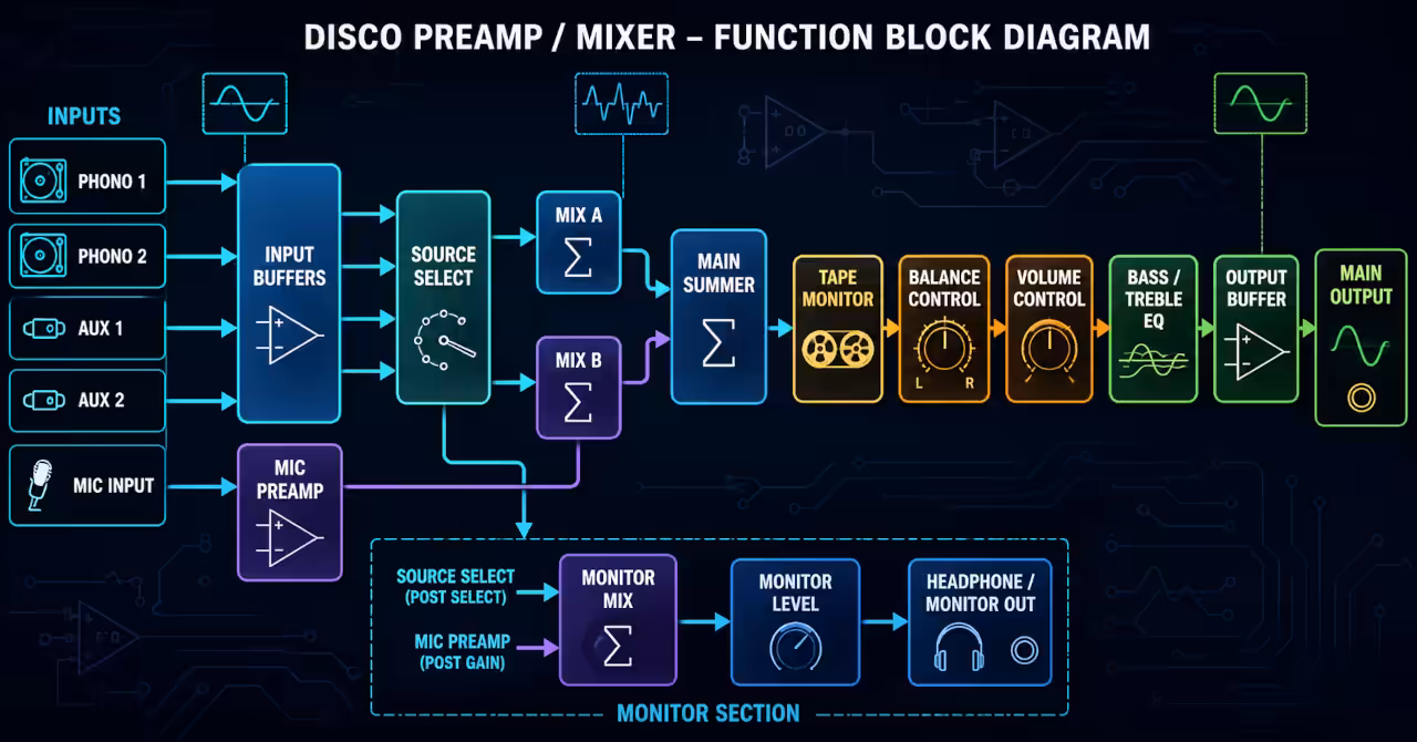 Function block diagram showing the signal flow of a 1970s disco preamplifier and mixer.