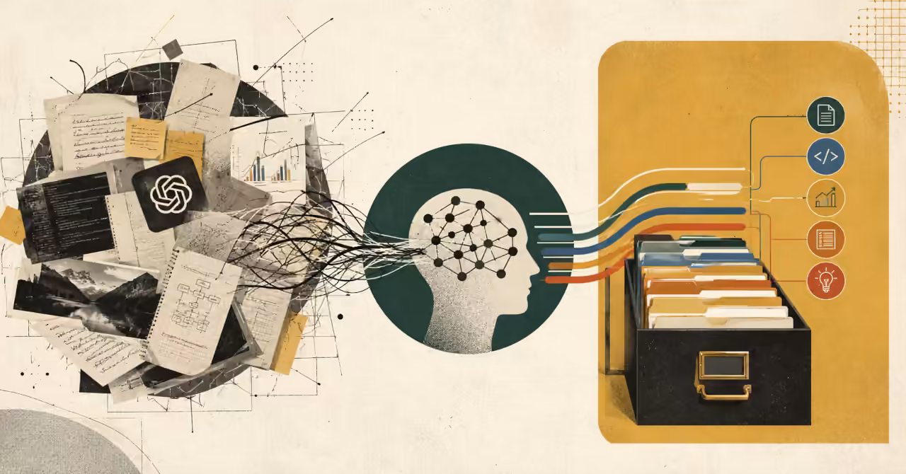 Editorial illustration showing chaotic ChatGPT conversations flowing into an organised knowledge workspace with filing folders, symbolising better AI information management.