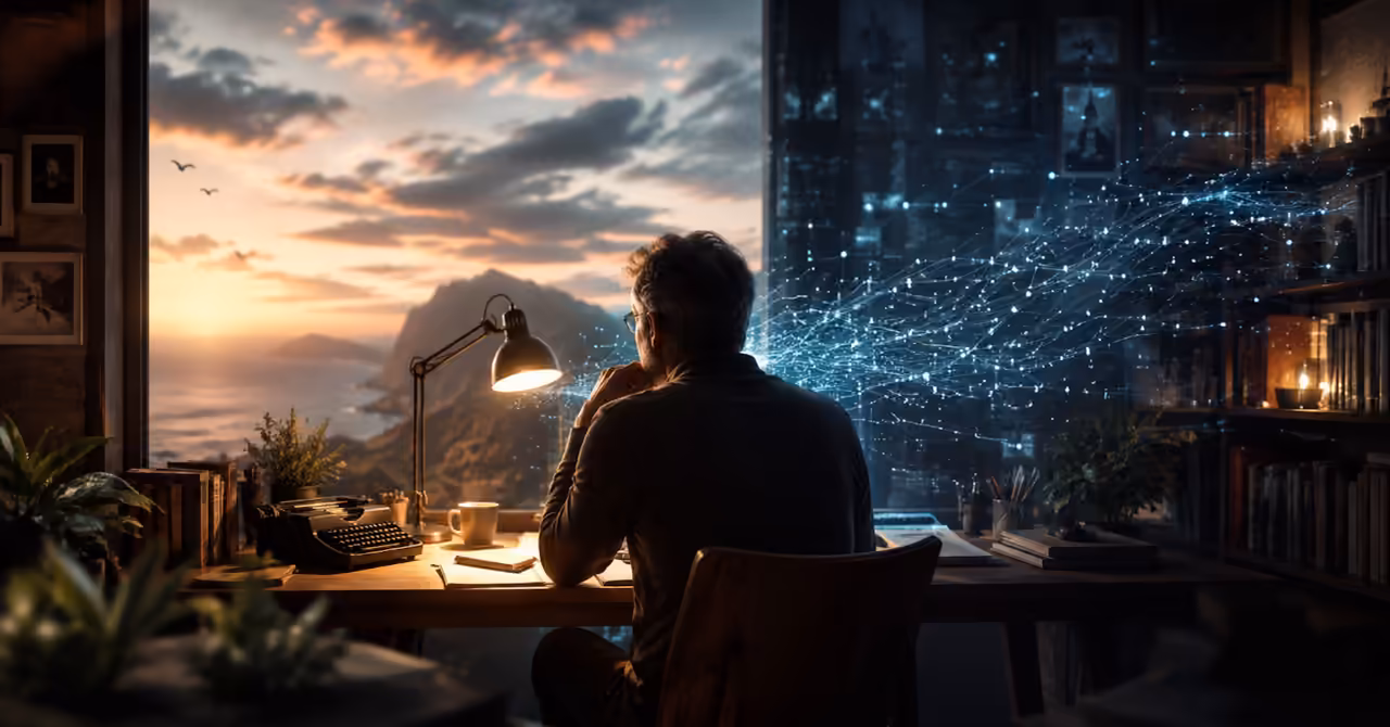 Independent publisher at a desk as glowing digital connections flow through a traditional study, symbolising publishing for both people and AI.