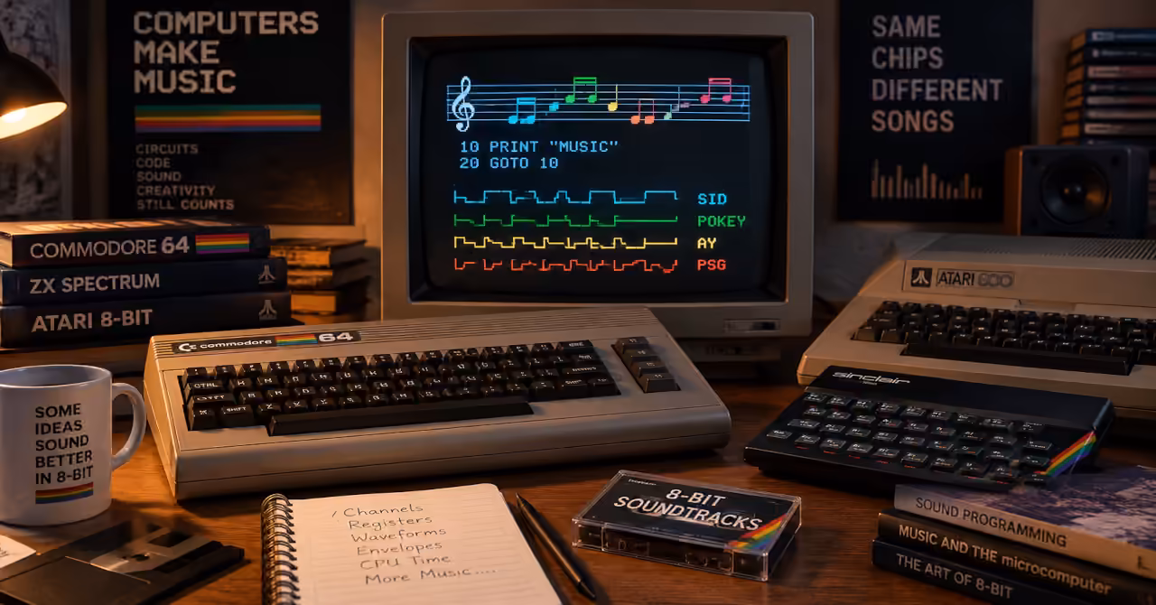 Retro computer desk with Commodore, Atari and Spectrum-style machines, glowing CRT displays, music waveforms, manuals and 8-bit sound references.