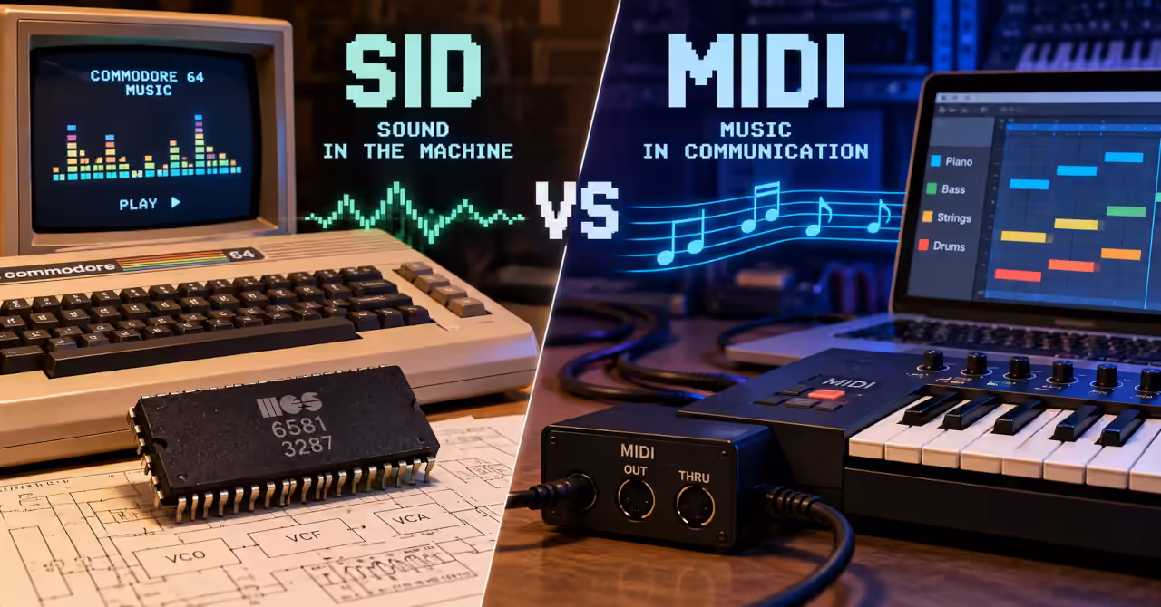 Commodore 64 and SID 6581 chip contrasted with a MIDI keyboard, interface and computer-based music sequencer.