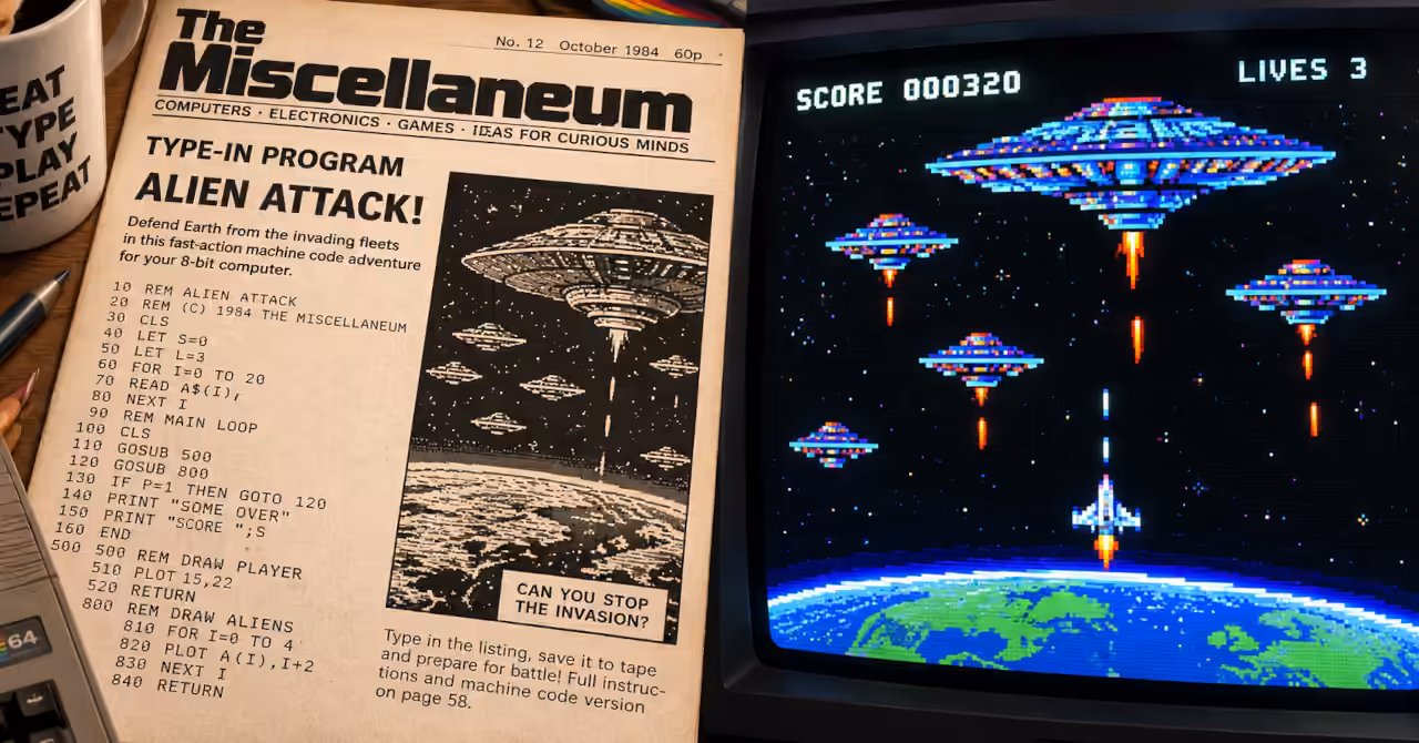 Imaginary 1980s Miscellaneum magazine with a BASIC type-in program beside a CRT showing its colourful 8-bit alien space battle.