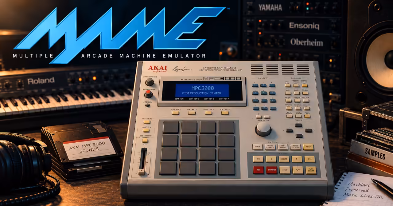 Akai MPC3000 music production centre beneath the MAME logo, surrounded by vintage synthesizers and studio equipment.