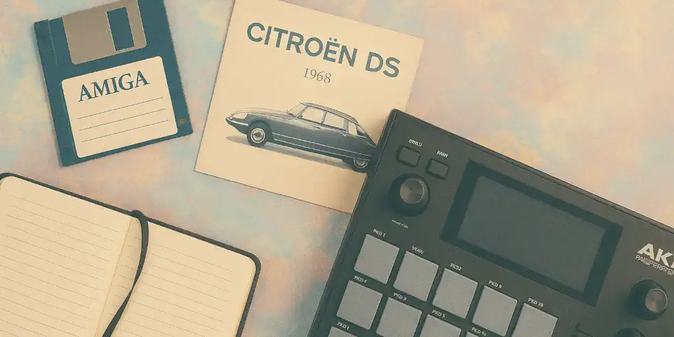 A retro-modern workspace blending floppies, brochures, notes and MPC