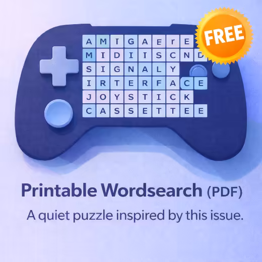 Printable wordsearch graphic with a controller-shaped grid and a FREE badge