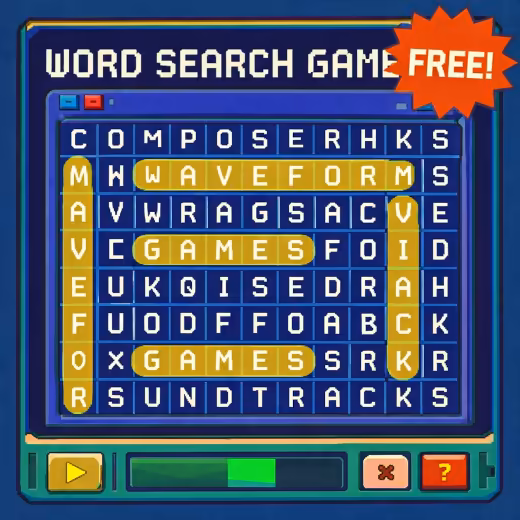 Printable wordsearch graphic with a controller-shaped grid and a FREE badge
