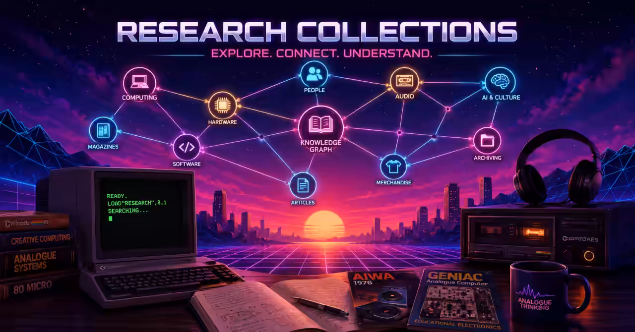 Synthwave-inspired illustration of interconnected research collections linking retro computing, audio and digital culture into a visual knowledge graph.