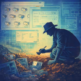 Silhouetted archaeologist uncovering buried floppy disks
