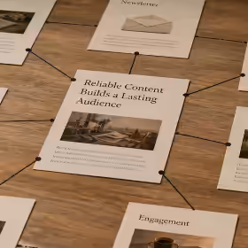 Workspace with printed articles connected by lines, showing a structured content system and reader pathways