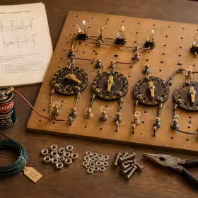 GENIAC analogue computer kit with switches, bulbs, wires, and mechanical terminals on a masonite panel.