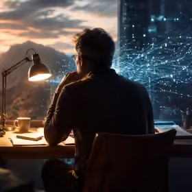 Independent publisher at a desk as glowing digital connections flow through a traditional study, symbolising publishing for people and AI
