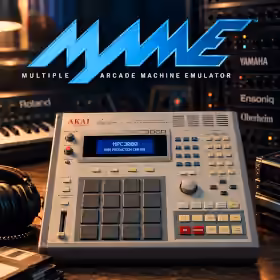 Akai MPC3000 beneath the MAME logo, surrounded by vintage synthesizers and studio equipment
